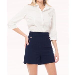 High-Rise Navy Shorts with Gold Button Accents
